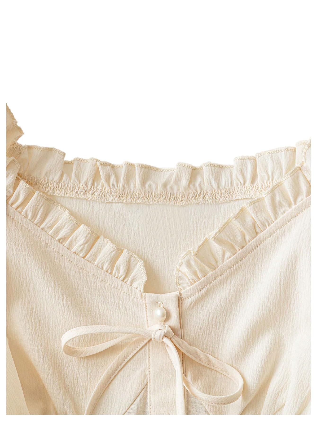 SOLY HUX Women's Sweetheart Neck Frill Bow Tie Front Blouse Puff Sleeve Floral Embroidery Button Down Summer Tops