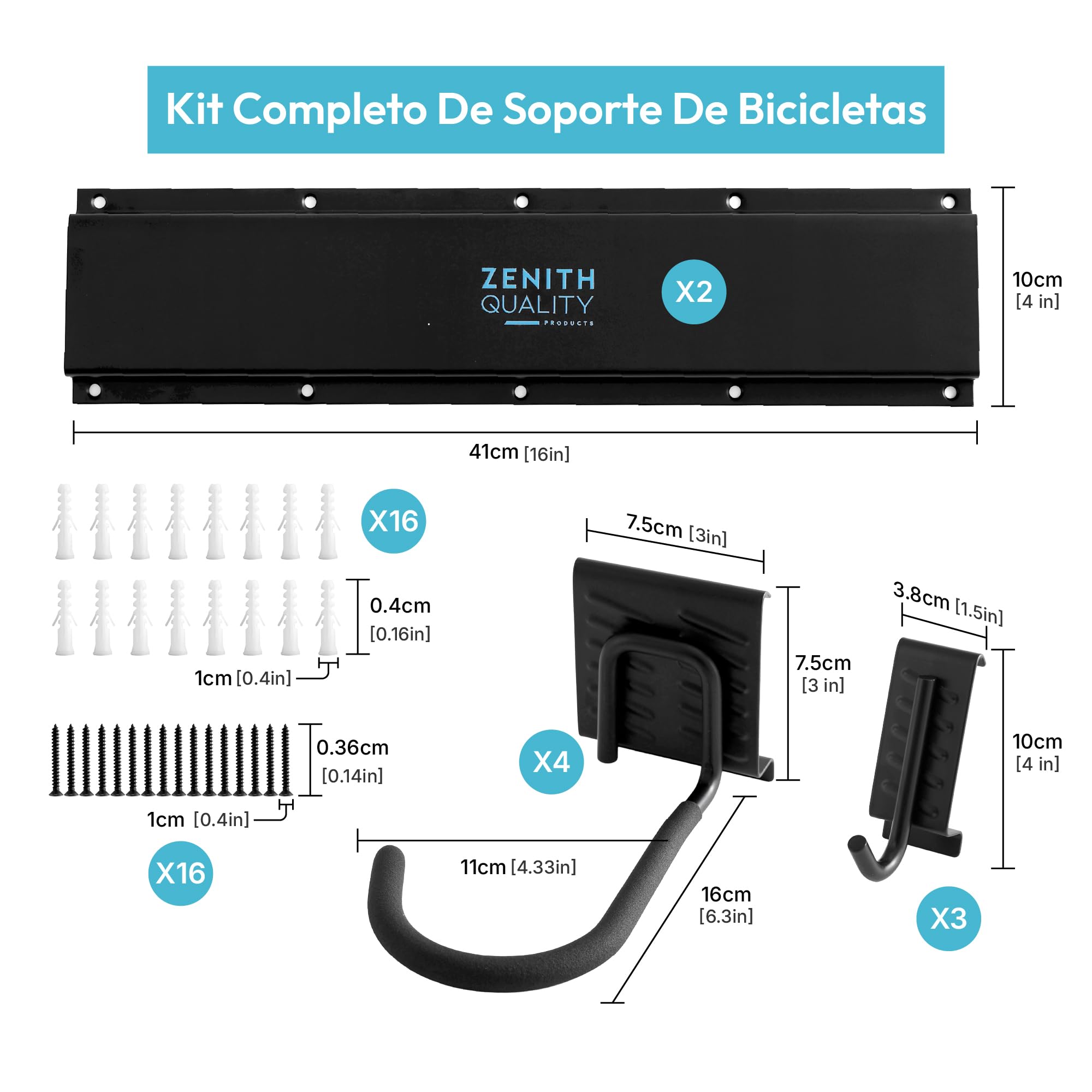 ZQ - Soporte bicicleta pared y soporte bicicletas pared | Gancho bici con 4 ganchos para bicicletas, 3 para cascos y capacidad 136 kg | Incluye pegatinas protectoras