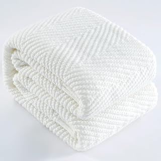 Knitted Throw Blanket for Couch, 50X60 Chevron Bed Knit Throws | White Lightweight Living Room Decor, Soft Boho Bedding Blankets, Cozy Herringbone Textured, Chair Sofa Cover