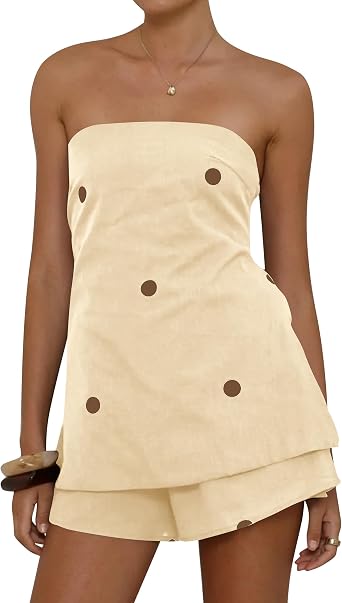Women Polka Dot 2 Piece Shorts Set Summer Lounge Sets Smocked Strapless Top Shorts Matching Travel Vacation Outfits