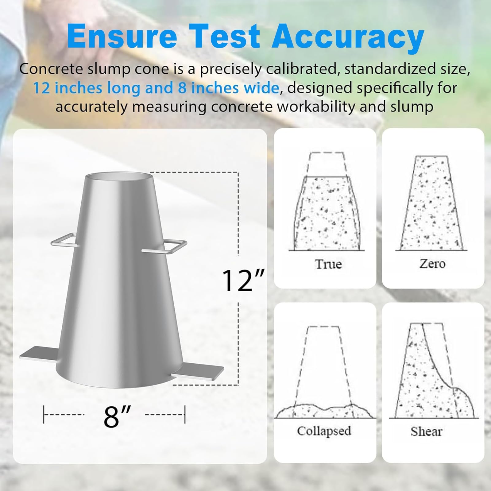 Set per test di consistenza del calcestruzzo 5 in 1, cono per test di slump in acciaio resistente con asta di compattazione, righello, imbuto e base, test di lavorabilità del calcestruzzo