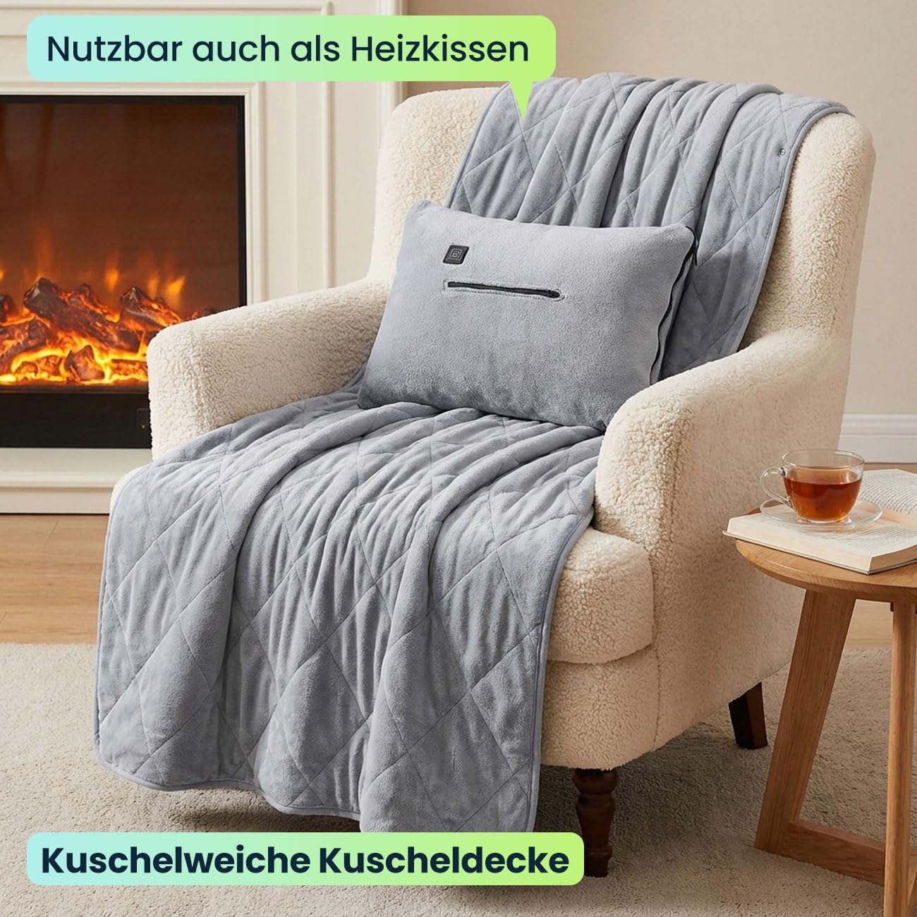 ideoon Heizdecke 135x180 cm aus Polarfleece mit Druckknöpfen, elektrische Wärmedecke mit 3 Stufen, auch als Heizkissen nutzbar, kuschelweiche Kuscheldecke