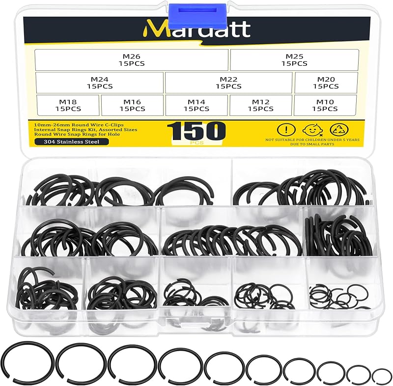 150Pcs 10 Sizes 10mm to 26mm Round Wire C-Clips Internal Snap Rings Assortment Kit, Round Wire Snap Rings Retaining Rings for Shaft, M10 M12 M14 M16 M18 M20 M22 M24 M25 M26