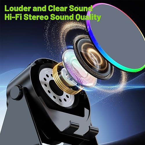 Miniatura 8 de Altavoz de inducción inalámbrico, soporte para teléfono con amplificador de altavoz Bluetooth, sonido estéreo, luz ambiental RGB, soporte de