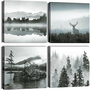 Artscope 4-Piece Canvas Pictures with Forest and Fog Motif Art Print Modern Wall Picture for Bathroom Living Room Wall Decoration 30 x 30 cm