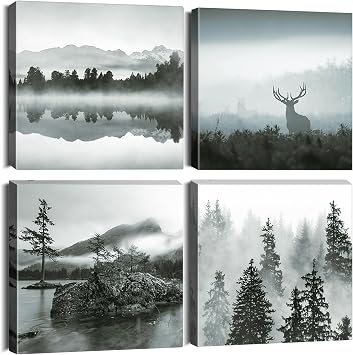 Artscope 4 Pieces Wall Art Canvas Prints - Forest and Mist Picture Painting- Modern Wall Artwork Framed for Bathroom Home Office Decor - 30 x 30 CM