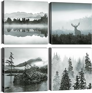 Artscope 4 Teilig Leinwandbilder mit Wald und Nebel Motiv Kunstdruck - Moderne Wandbild für Badezimmer Wohnzimmer Wanddekoration - 30 x 30 cm
