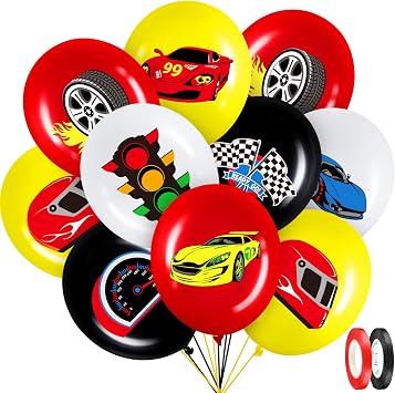 Charniol 40 Pack Race Car Balloons for Birthday Party, 12 Inch Racing Car Latex Balloons with Checkered Flag & Wheels, Cars Birthday Party Decorations for Boys Racing Theme Supplies