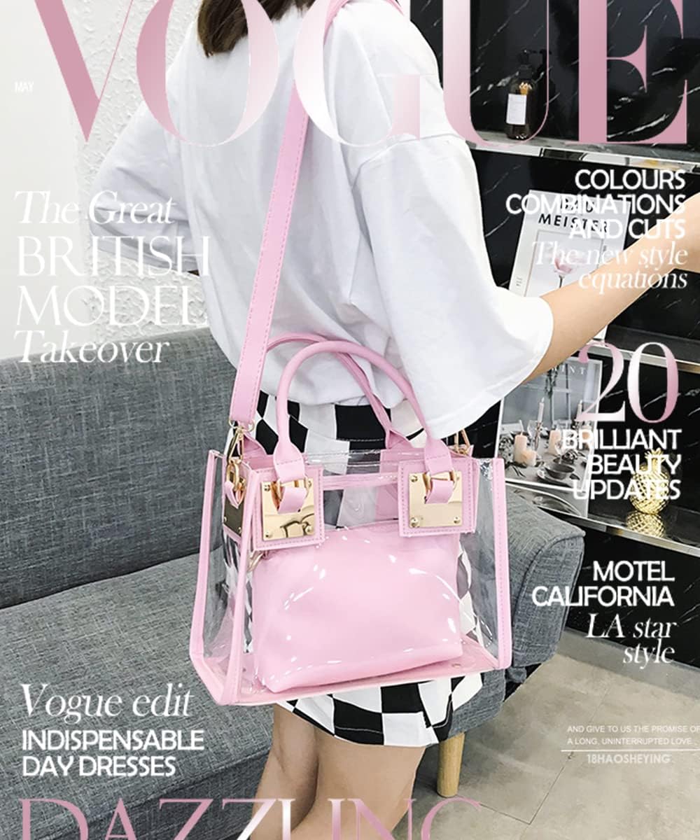 Women Fashion 2Pcs Clear Tote Handbag Transparent PVC Summer Jelly Bag Cute Shoulder Crossbody Bag(Pink)