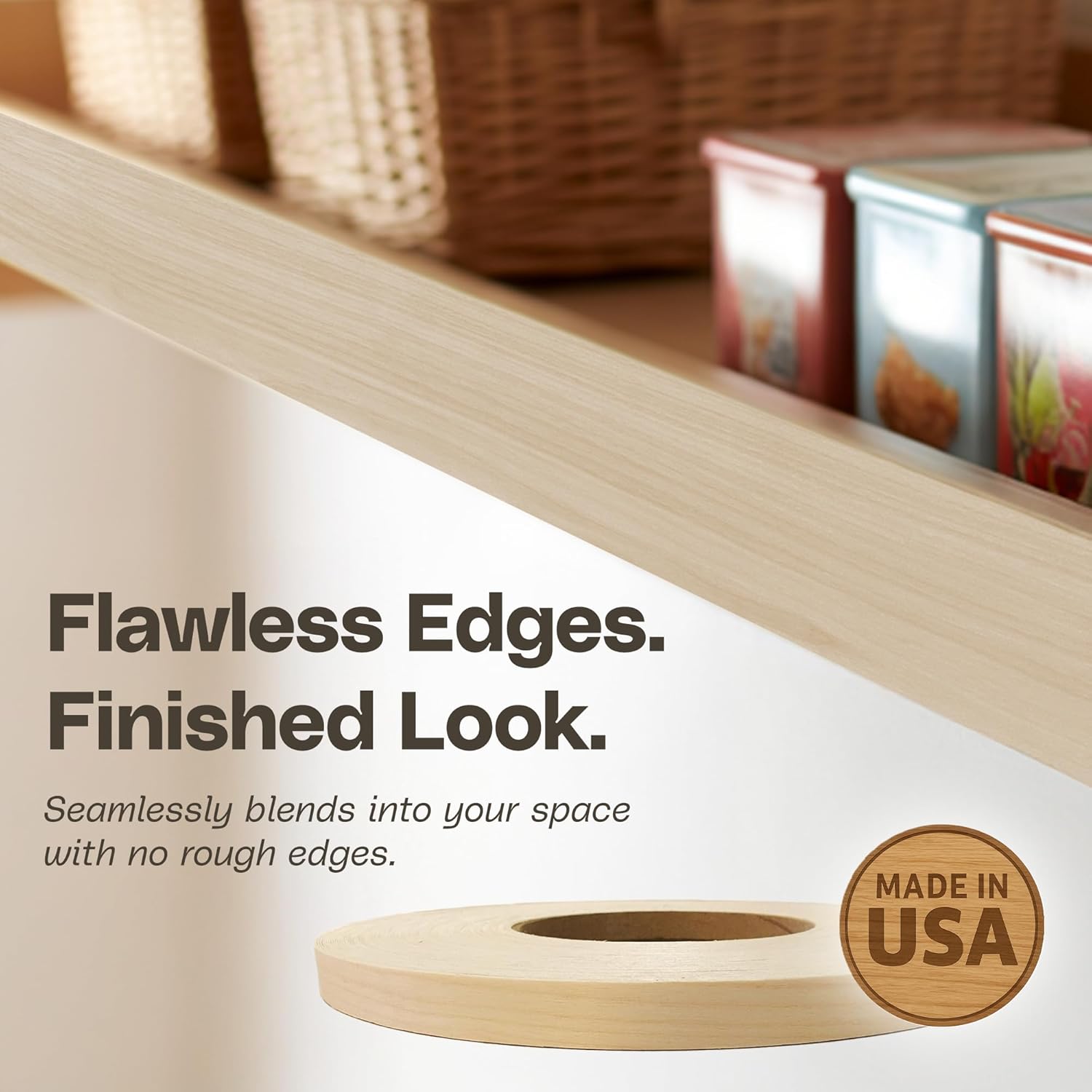 Edge Supply Birch 7/8 in x 250 ft Roll – Pre-Glued Iron On Wood Veneer Tape – Wood Veneer Edge Banding Tape with Hot Melt Adhesive, Smooth Sanded Finish Ideal for Furniture & DIY, Made in USA