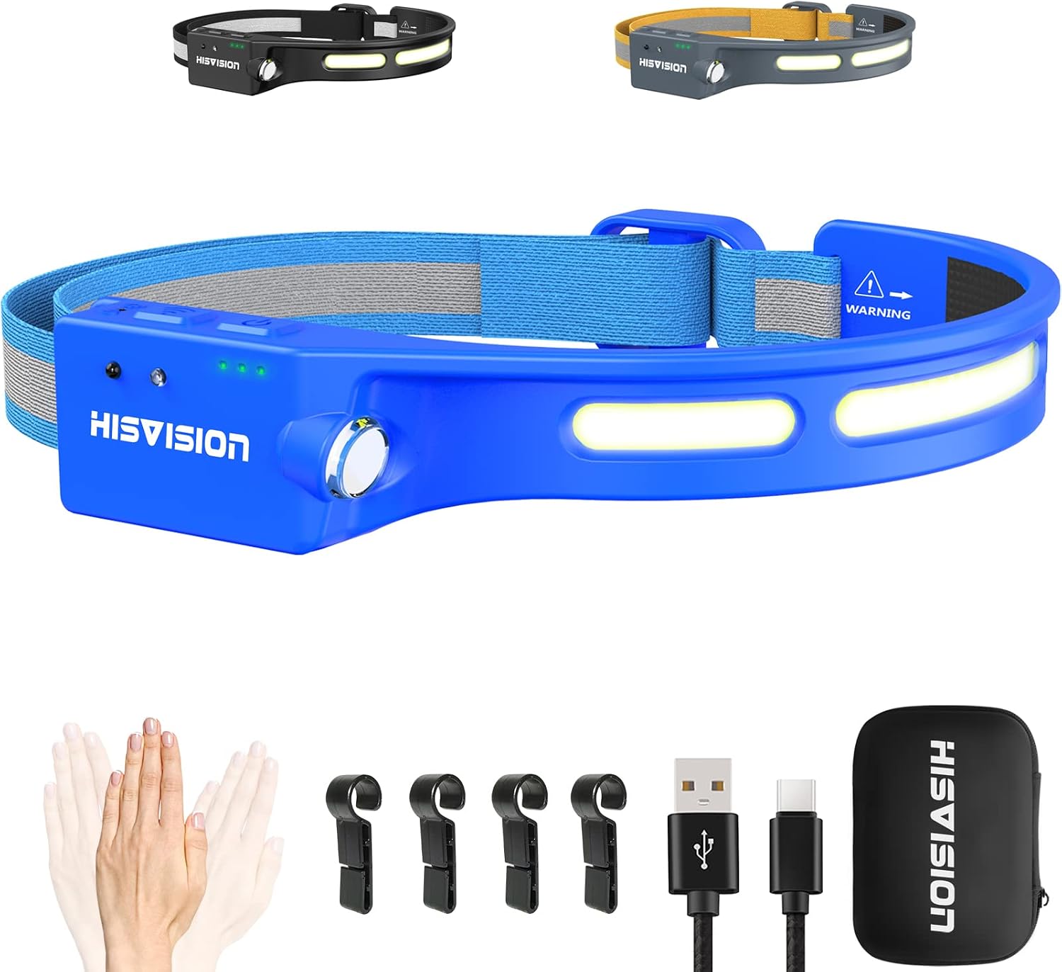 Rechargeable LED Headlamp, Super Bright Headlamp Flashlight with Motion Sensor, 5 Modes, 230°Wide Beam Headlight, IP65 Waterproof 1500 Lumens Sport Head Lamp for Running Hunting Hiking Camping(Blue)