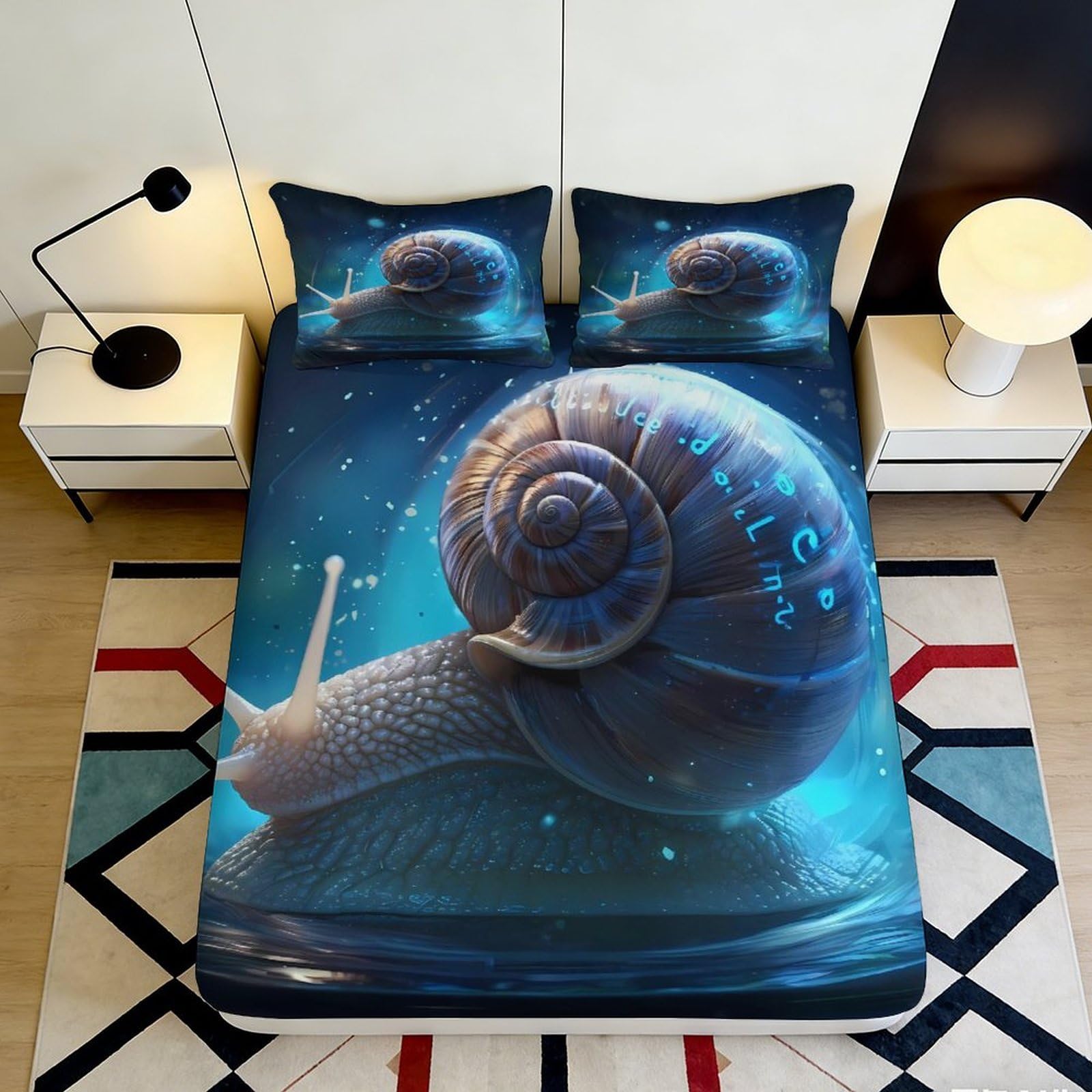 3D Printed Blue Snail Dream Fitted Sheet Microfiber Soft Mattress Cover for Bedroom Dorm Easy Care Decor 160x200x25cm