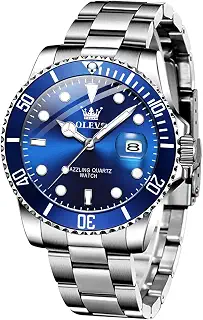 OLEVS メンズウォッチ シルバー ドレス ゴールド クラシック ラグジュアリー ビッグ ラージ フェイス 防水 腕時計 メンズ アナログ ツートーン ステンレススチール メンズ 腕時計 日付 Relojes De Hombre (グリーン/ブルー/ブラックダイヤル), G5885-G-ブルー。, シルバーメンズ腕時計。