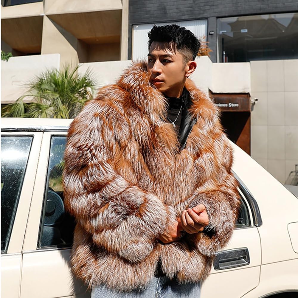 Denny&Dora Men's Hooded Fox Fur Jacket - Winter Warmth in Brown