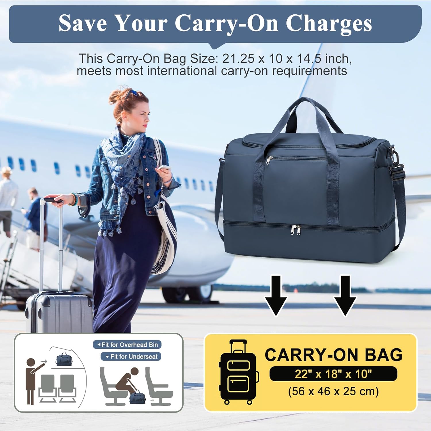Extra Large Travel Duffle Bag,Carry on Overnight Weekend Bag with Shoes Compartment,Weekender Bags for Women for Travel Business Trips Sport Hospital,Dark Blue