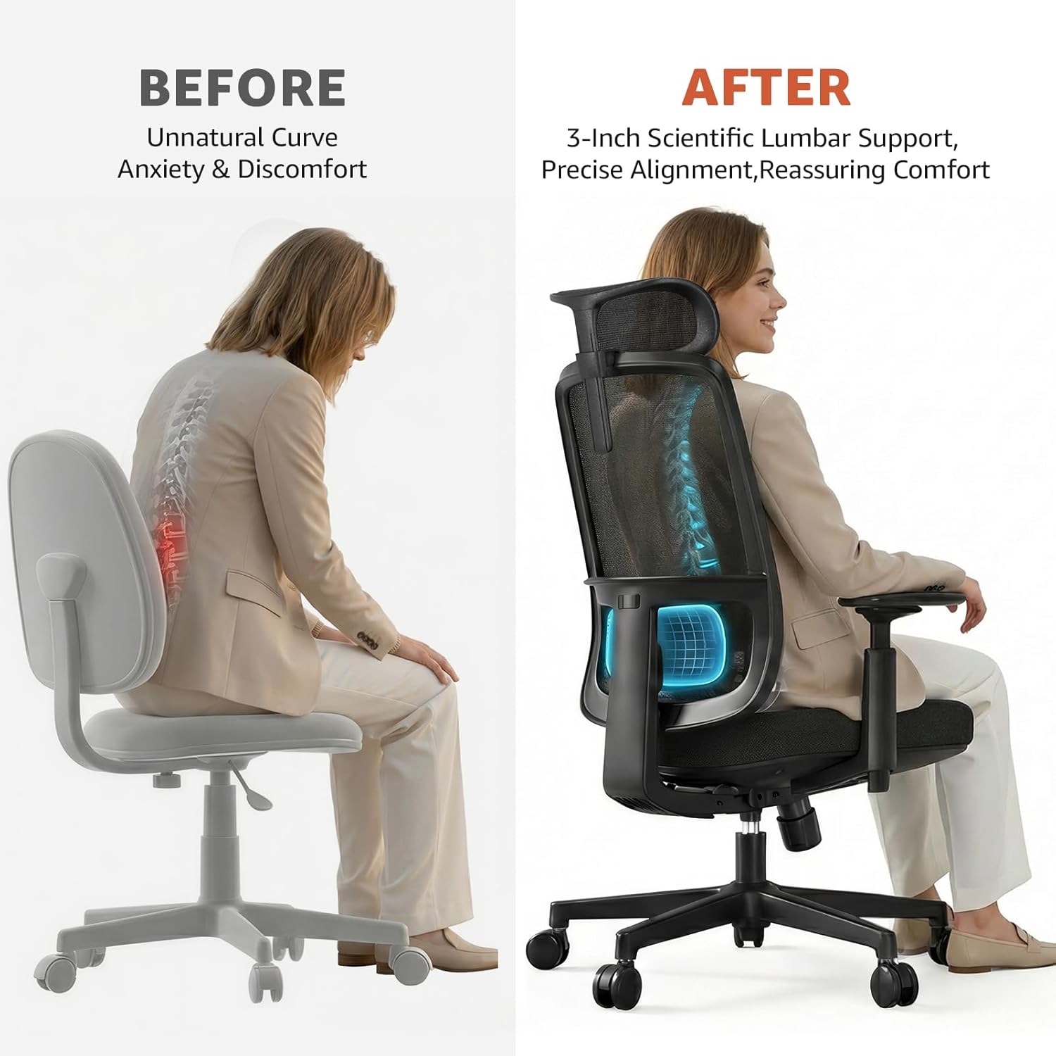 Ergonomic Office Chair Mesh Chair,Home Office Desk Chairs with Adjustable Lumbar Support, Comfortable Computer Gaming Chair, Office Chair for Long Hours (Black) - Image 5