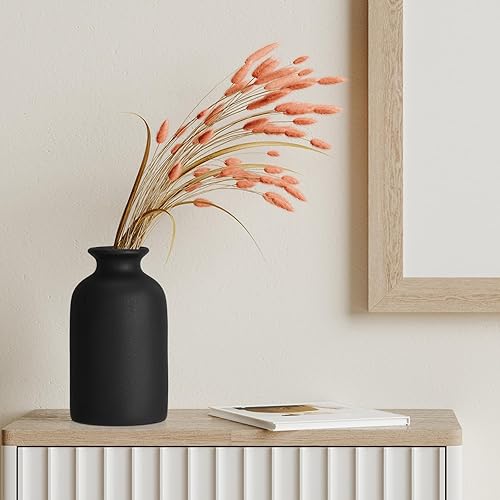 Miniatura 5 de Uiifan Paquete de 6 jarrones pequeños de cerámica negra a granel, jarrones rústicos de hierba de las pampas, jarrones de mesa bohemios, jarrones de