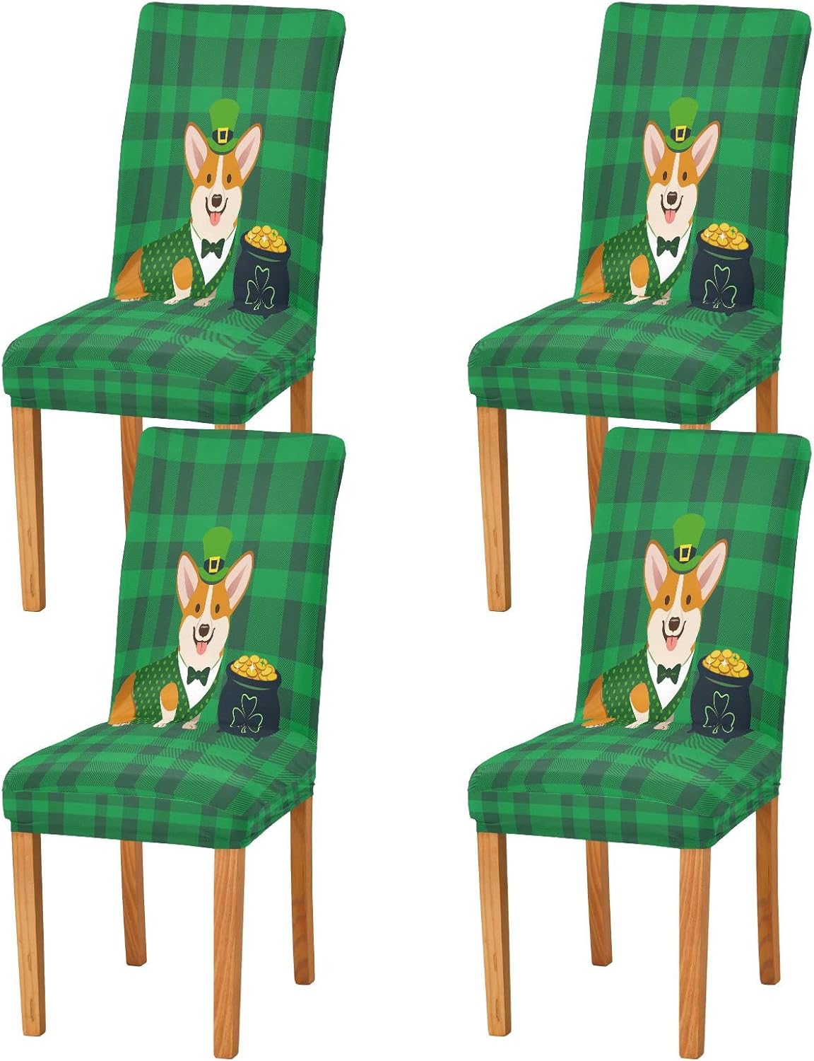 Patricks Day Corgi Dog Dining Room Chair Covers Green Buffalo Check Chair Slipcovers Stretch Seat Protector Removable Chair Cover For Home Kitchen Restaurant Hotel 4pcs