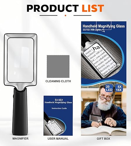 Miniatura 7 de Lupa con luz - Lupa iluminada 5X 15X con 20 LED, lupa rectangular iluminada grande de mano para personas mayores que leen baja visión, cerca de la