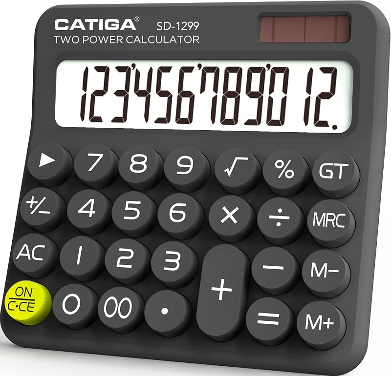 Mechanical Switch Calculator with Solar and Battery Dual Power, 12-Digit Large LCD Display, Aesthetic and Cute Desktop Calculator with Big Button, for Home, School and Office Use, SD-1299