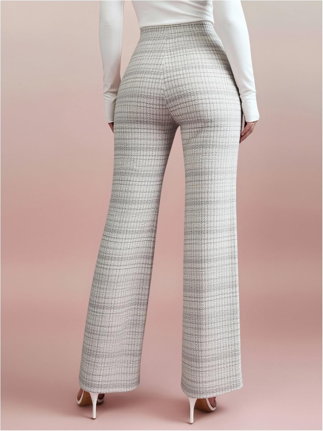 Women's Elegant Plaid Tweed Pants Vintage High Waisted Straight Leg Fall Business Casual Trousers