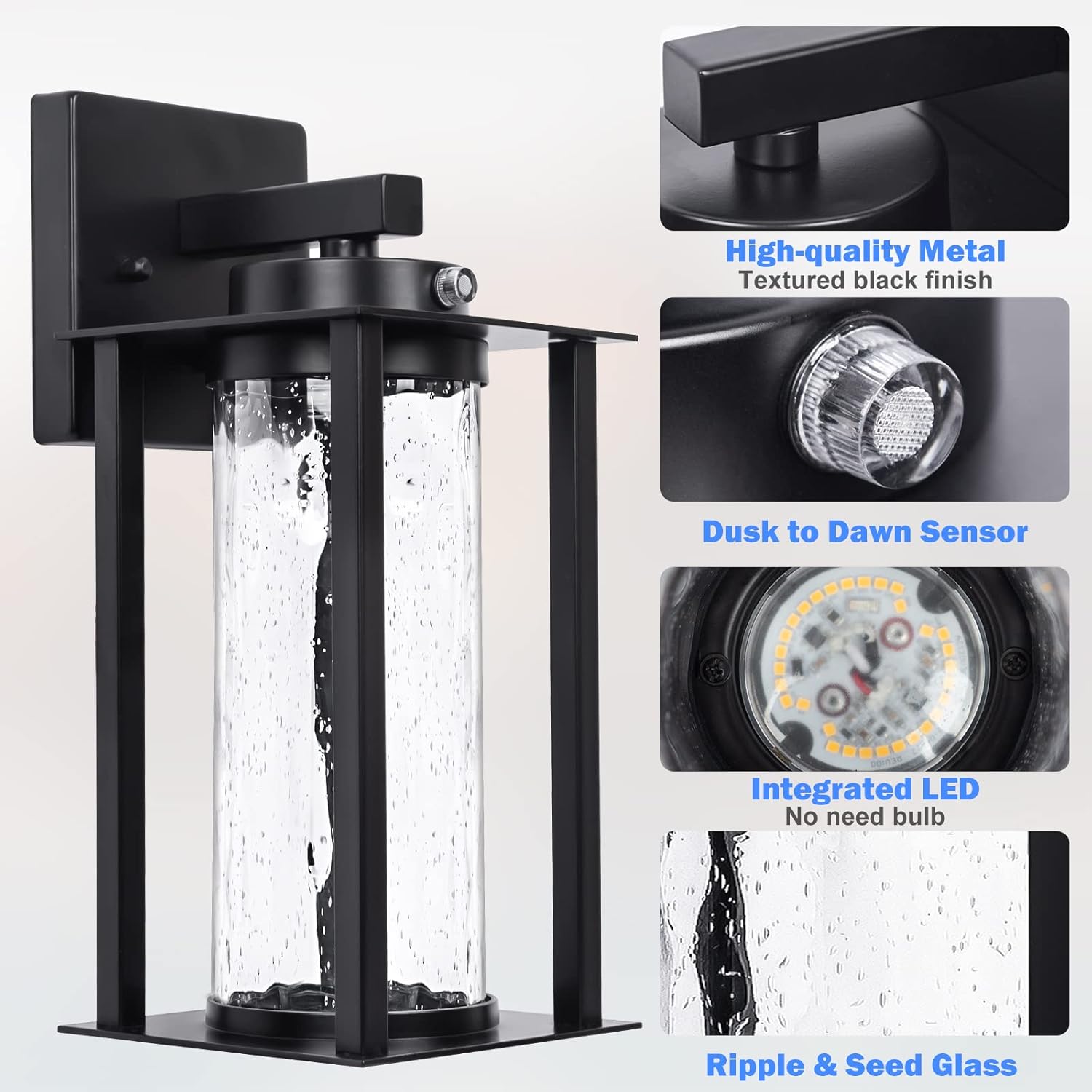 LED Dusk to Dawn Outdoor Light Fixtures - 2 Packs Modern Porch Lighting with Attractive Glass, 13W 3000K LED Exterior Sconce Wall Mount with Photocell Sensor for House Front Garage Door, Waterproof