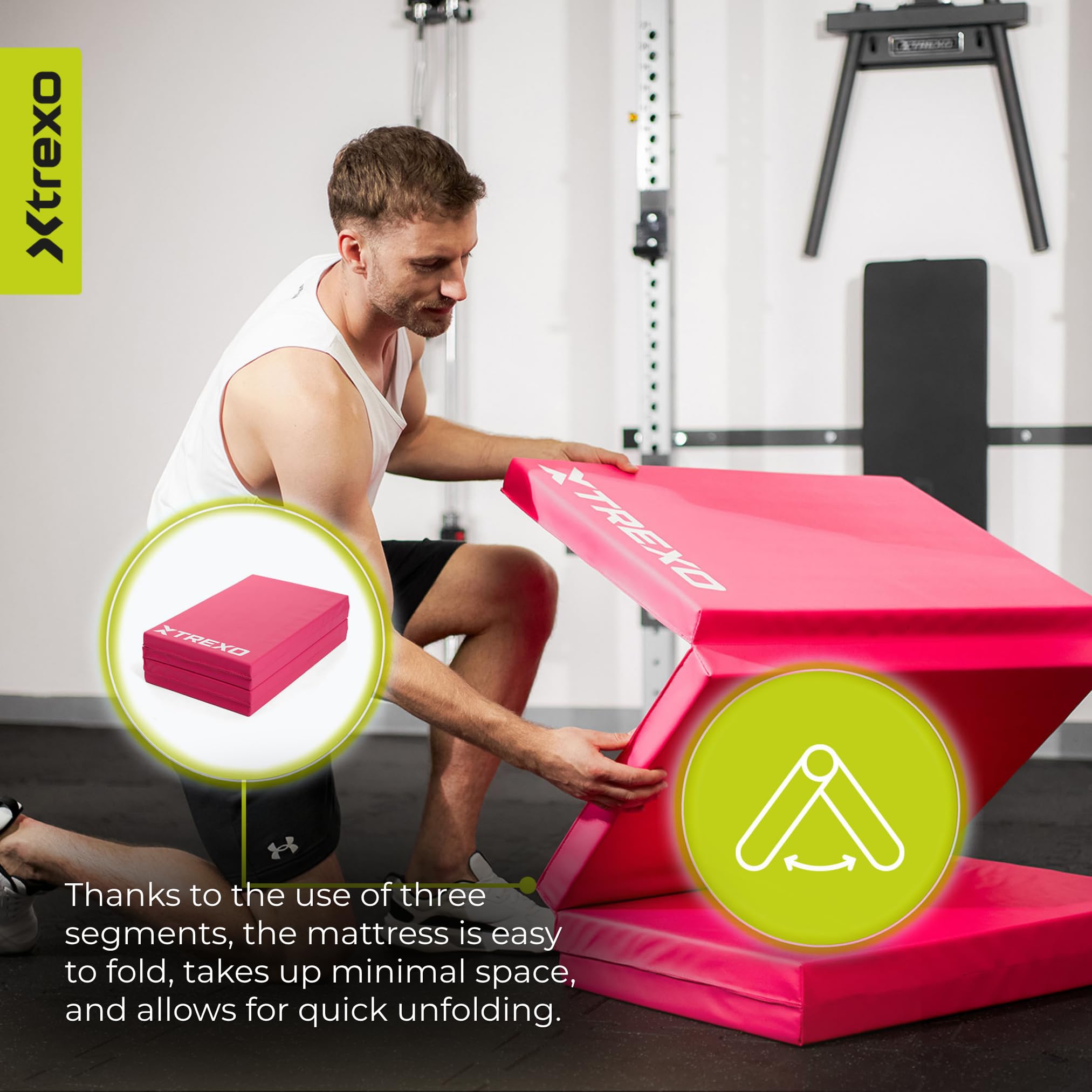 TREXO – Tapis de Gymnastique Pliable 195 x 80 x 5 cm 4-Panneaux – Tapis d’Entraînement Portable avec Poignée, Mousse EPE & Revêtement Similicuir – Rose