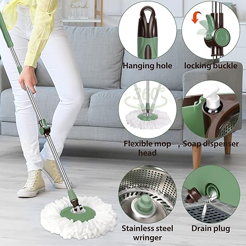 Miniatura 4 de HEVOL Trapeador y cubo con juego de escurridor trapeadores giratorios con cubo y pedal de pie 5 cabezales de repuesto de fregona y 5 paños de