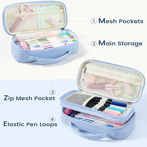 Miniatura 4 de Sooez Estuche grande para lápices, bolsa de pana suave con asa, lindo estuche para bolígrafos, 5 compartimentos, organizador de amplia apertura para