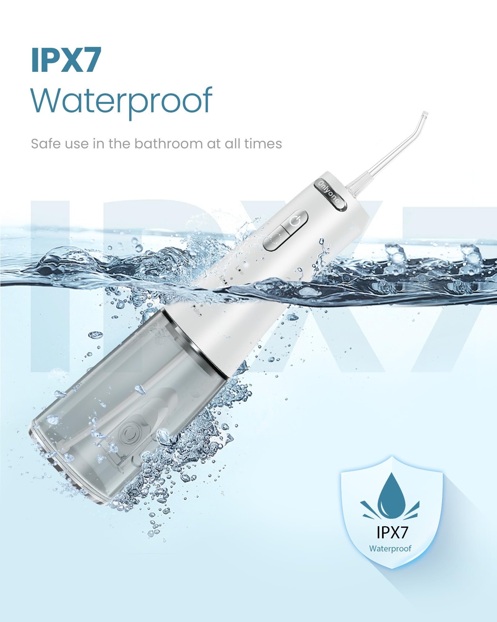Onlyone Púa de hilo dental de agua para dientes, 300 ml, irrigador oral portátil, recargable, limpiador de riego de viaje, profesional, púas de limpieza eléctrica para limpieza de dientes, IPX7