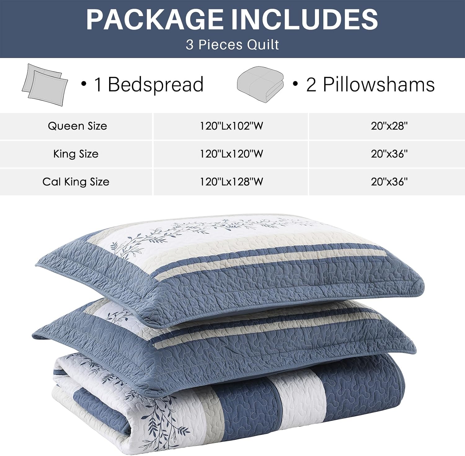 Quilta Oversized King Bedspreads 128x120, Navy/White Vine Striped Design