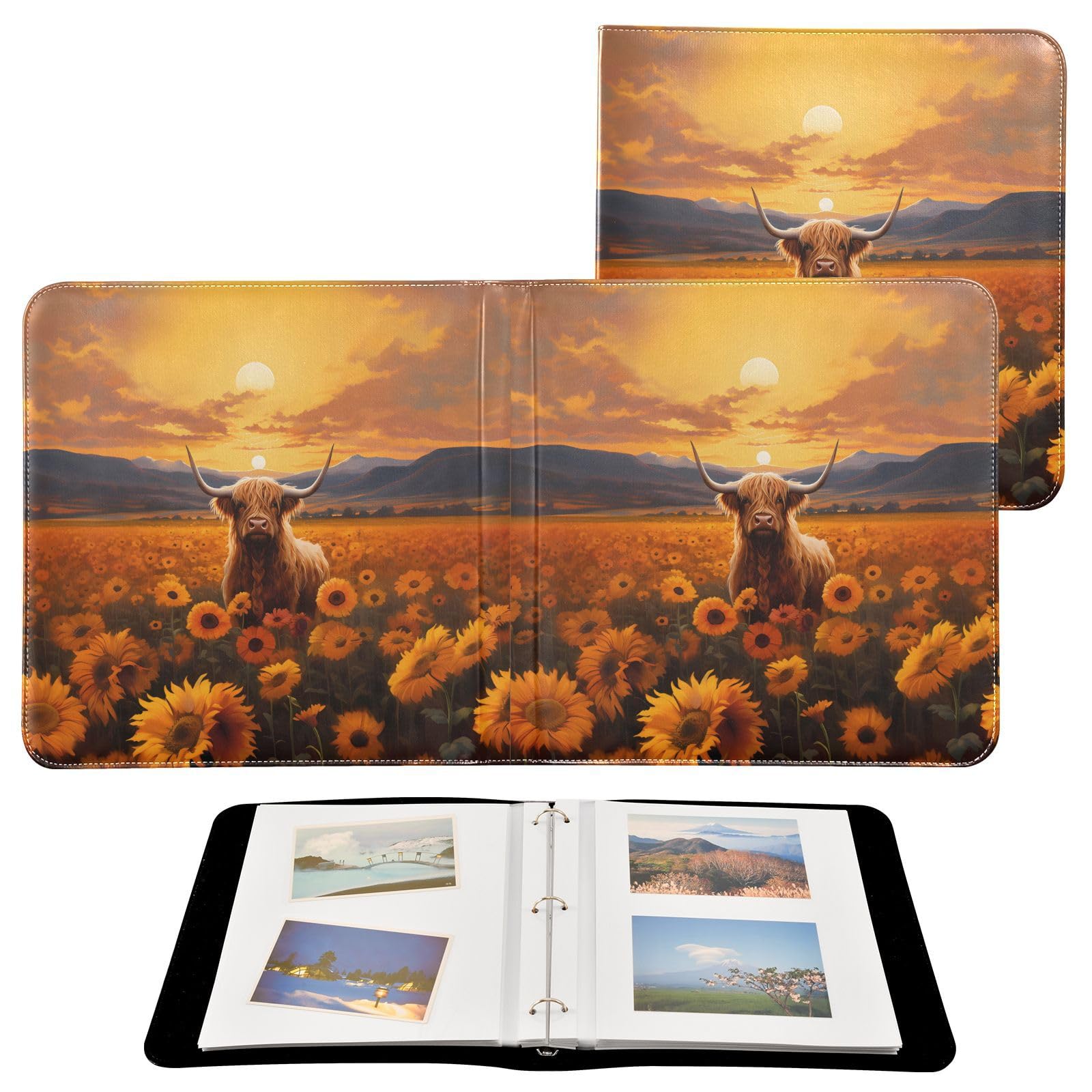 JIPONI Highland Cow and Sunflowers Large Photo Album, DIY Leather Cover Scrapbook Albums for 4x6 5x7 6x8 Pictures, Self Adhesive Memory Book for Wedding, Baby, Family