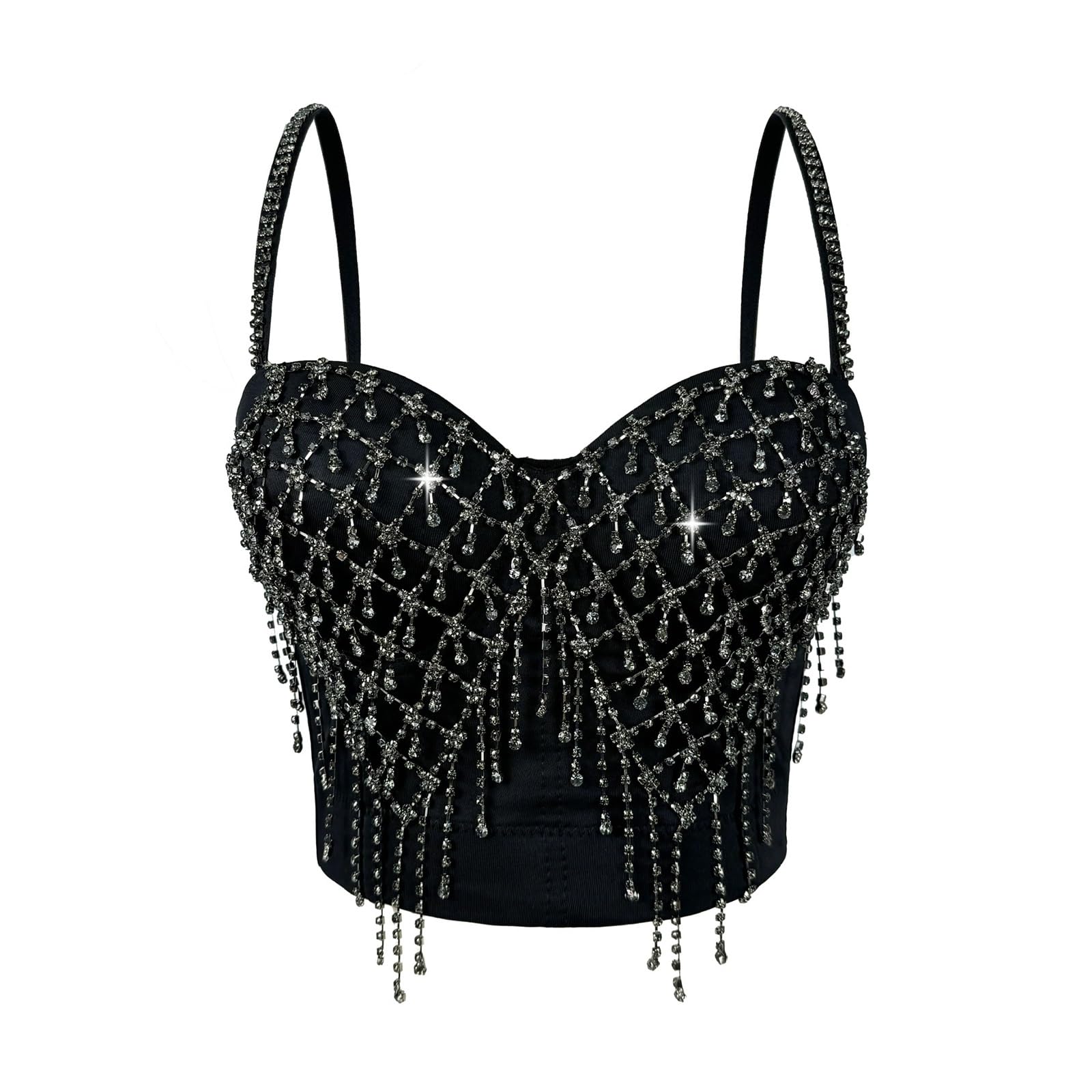 Top Bustier Corto Sexy da Donna con Strass e Perline, Top Corsetto con Spalline Regolabili