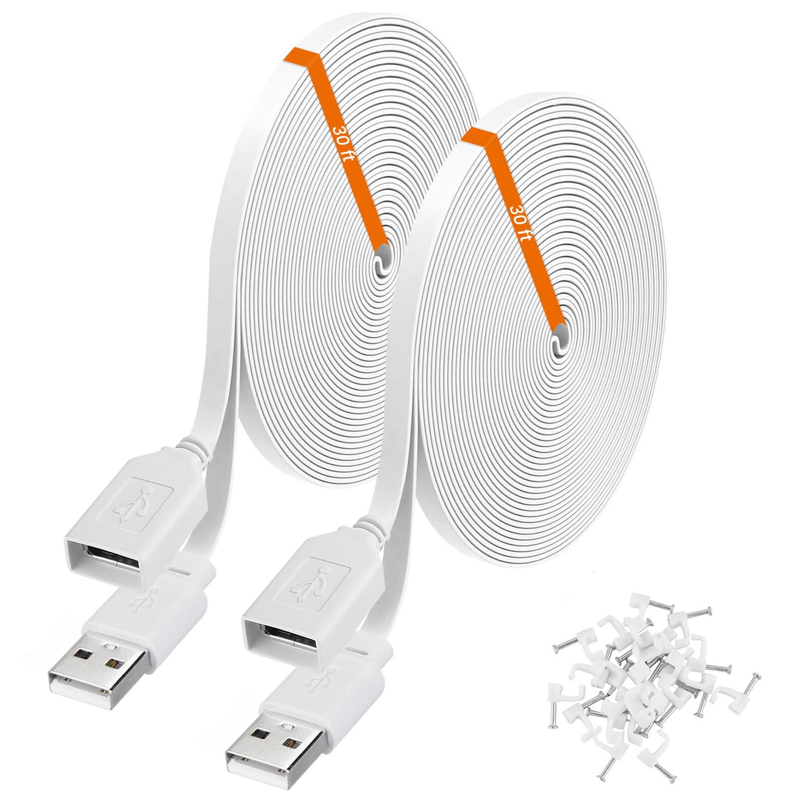2-Pack 30ft Power Extension Cable Compatible with Wyze Cam v4,Wyze Cam Pan v3,Wyze OG,Wyze Cam v3 and v3 Pro Security Cameras - 9m Long Flat USB Male to Female Charging Cord, White