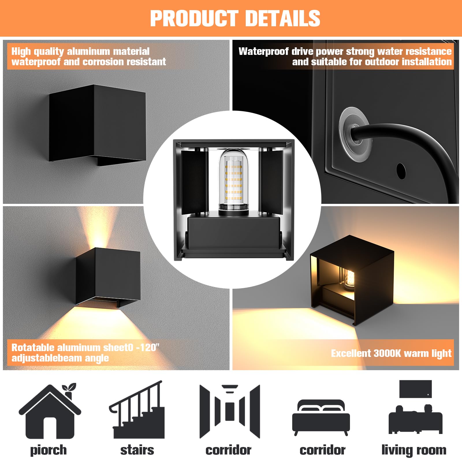 HaoDrisk 2 Pezzi 9W Applique da Esterno/Interno LED 3000K Lampada da Parete Moderno, Applique cubo in Alluminio,Angolo di Diffusione Regolabile, IP65 Impermeabile(Nero)