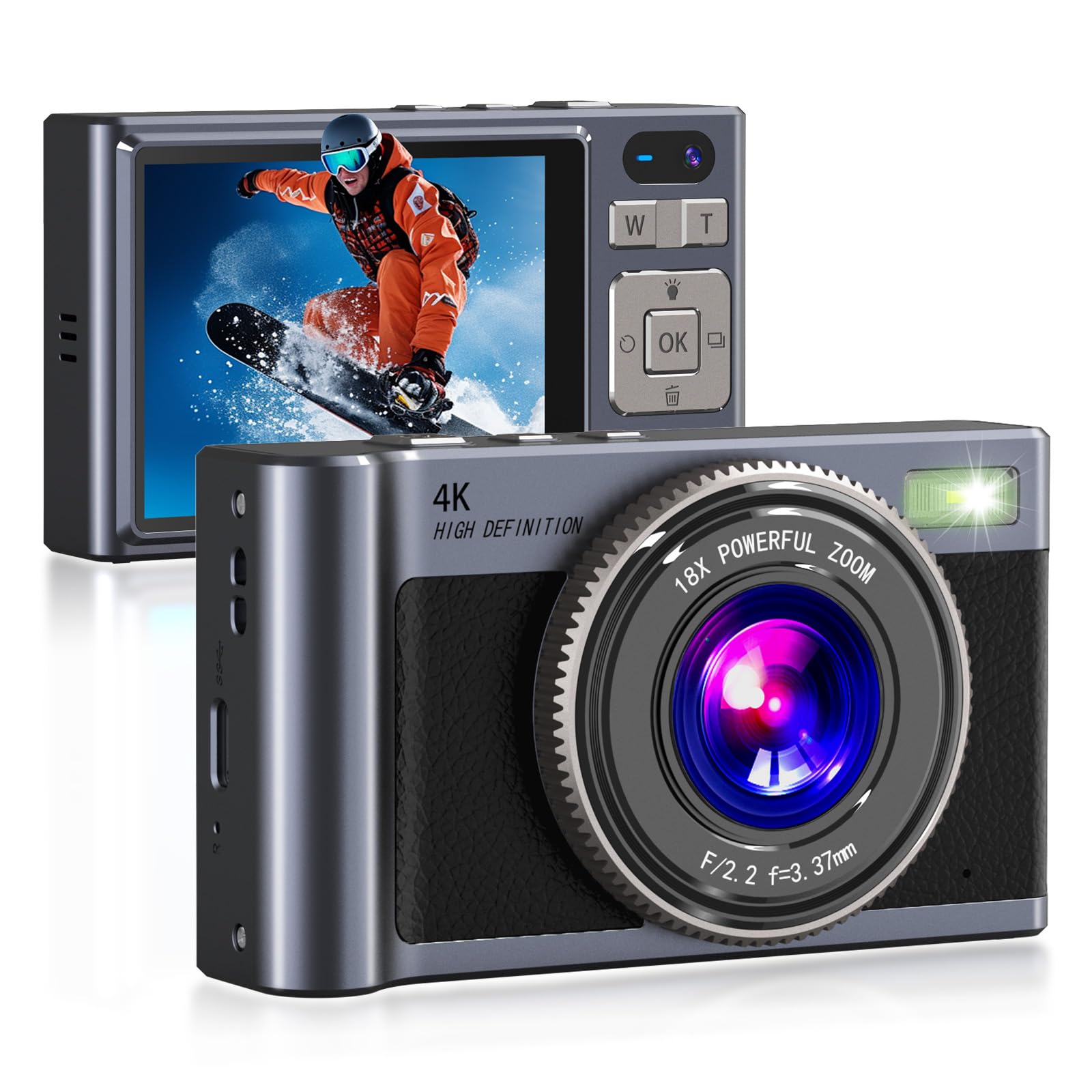 Forc Digital Camera, Kids Camera, 4K FHD 1080P 64MP Point and Shoot Digital Cameras with 64GB Card, 18X Zoom, Anti Shake, Compact Small Camera for Kids Gifts for Teens Girls Boys Grey-image-6