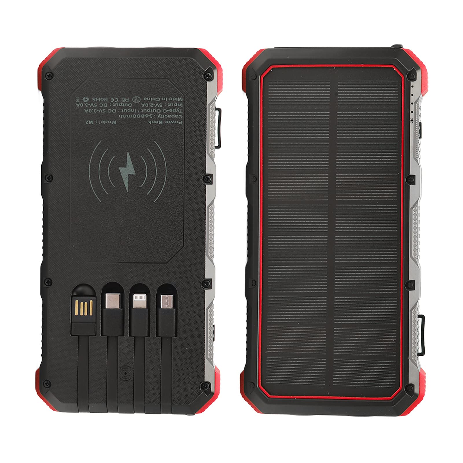 Yosoo Health Gear Banque d'énergie Solaire, Chargeur Solaire Portable ABS 36800 MAh avec 3 Sorties USB Charge sans Fil Double Lumière LED pour Camping Voyage Randonnée Utilisation en Extérieur