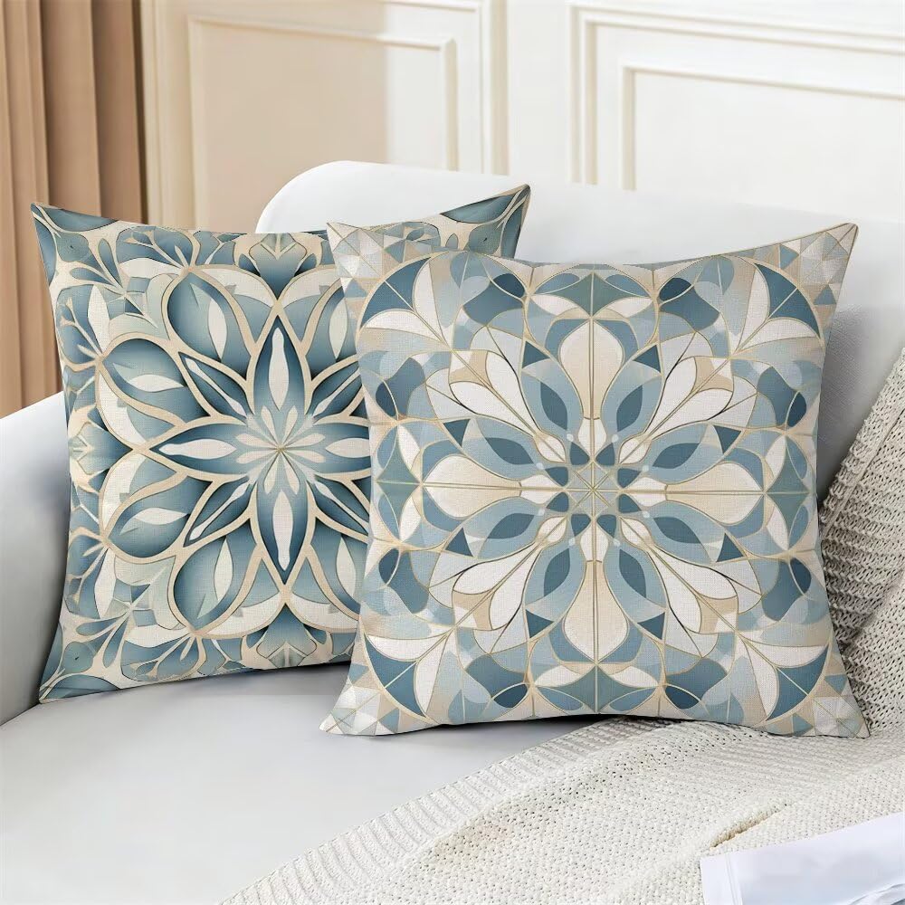 Federe Cuscini da Esterno Impermeabili 65x65 Blu Copri Cuscini per Divano Boho Federa Cuscino Floreale Decorativi Copricuscini per Divano Giardino Patio Soggiorno Copricuscino Set di 2 (IU403)