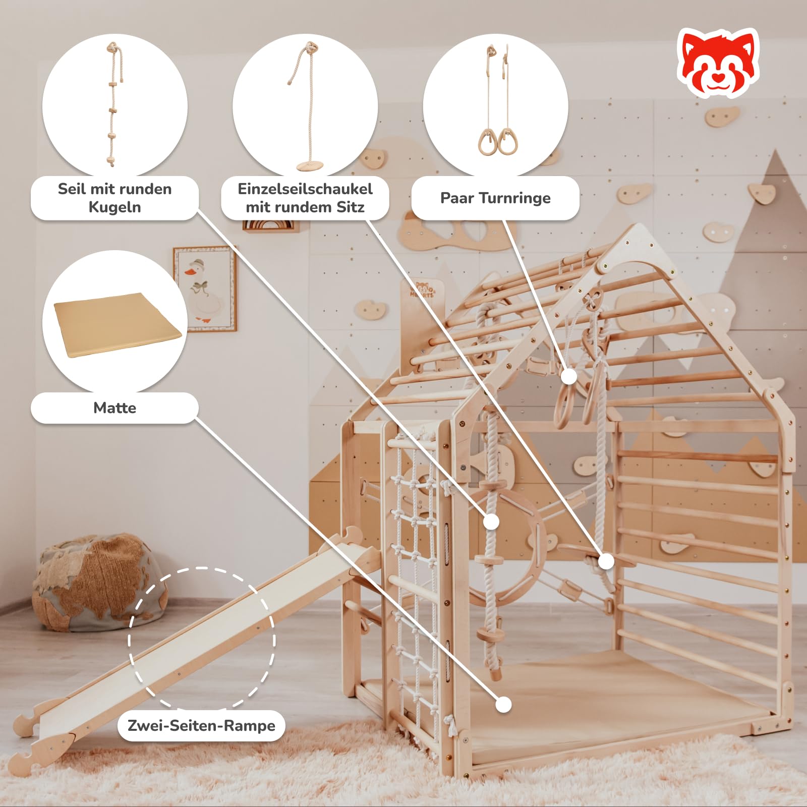 WoodandHearts Indoor Spielturm mit Rutsche & Schaukel – Kinderrutsche, Turnringe & Kletterseil – Baby Schaukel Indoor – Kletterwand Kinderzimmer & Spielhaus für Zuhause
