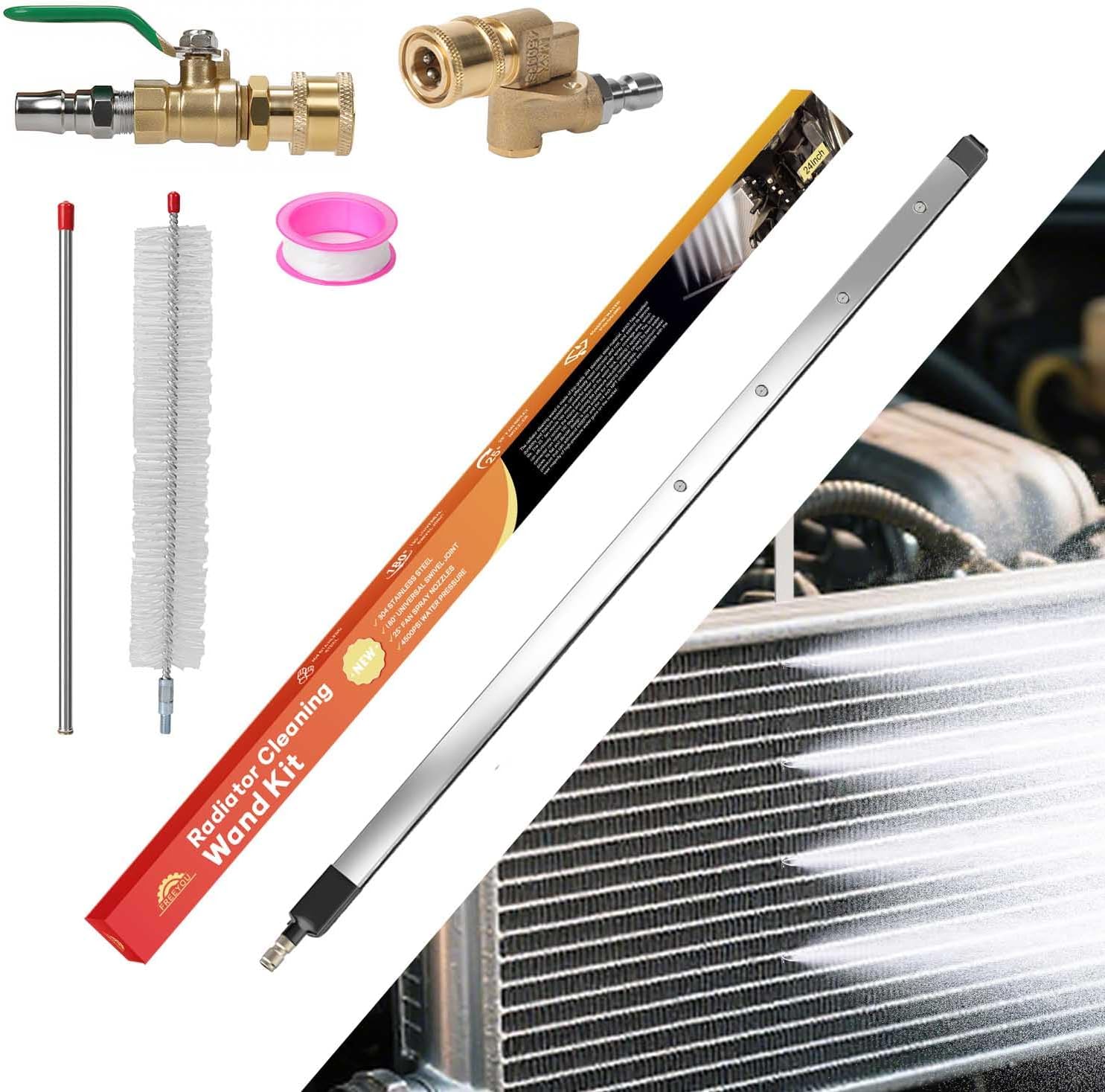 24" Upgraded Radiator Cleaning Wand With 25° Fan Nozzles,Water and Air Dual-Use 4500 PSI Pressure Washer Tool Set for Car,Truck and Other Vehicles.