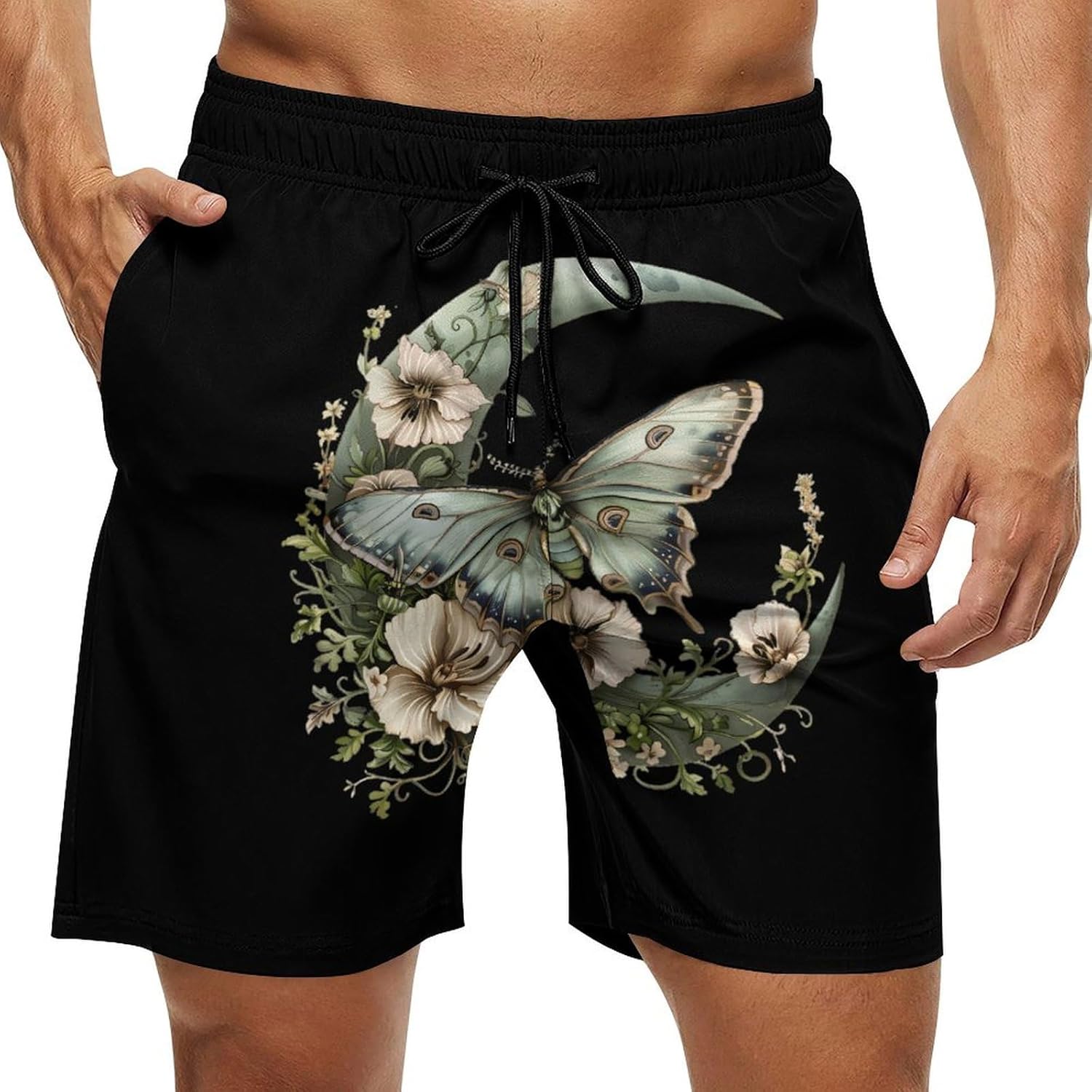 Moth Moon Flowers Casual Men's Swim Trunks Novelty Summer Beach Shorts Swimwear with Pocket