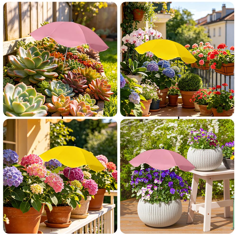 2 Stück Pflanzenschirm, Mini Sonnenschirm für Pflanzen, Sonnenschutz für Pflanzen Ø 60 cm, Verstellbare Pflanzenschirme für Draußen, Pflanzenschutz für Topfpflanzen, Blumen, Gemüse (Gelb+Rosa)