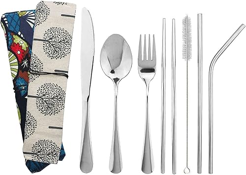 JASHII Juego de cubiertos de 8 piezas portátiles, incluye cuchillo, tenedor, cuchara, palillos, pajitas, bolsa portátil para viajes, trabajo,