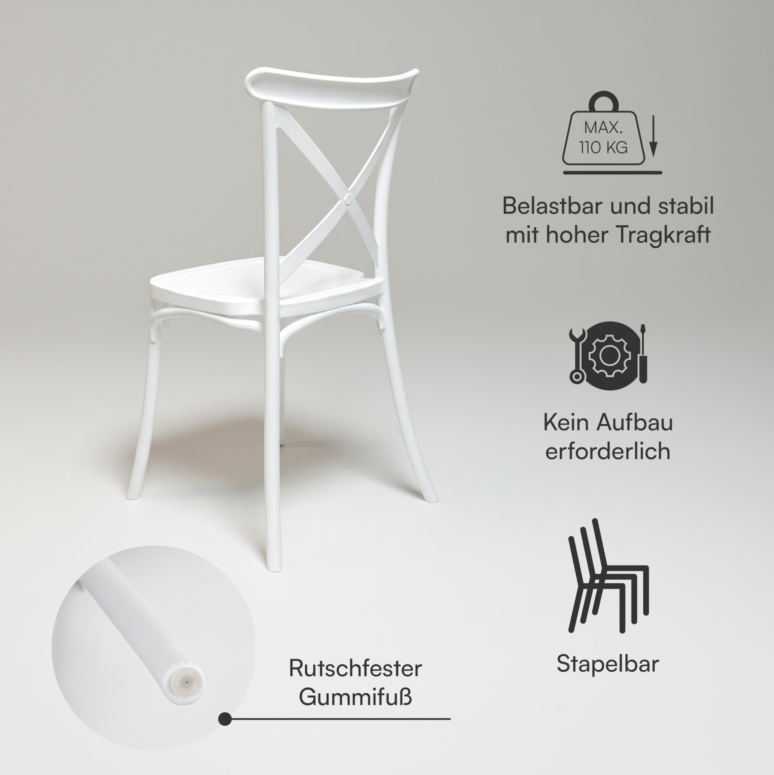 Baroni Home 4er-Set Stühle aus weißem Kunststoff, stapelbar, kein Aufbau, leicht zu reinigen, rutschfeste Gummifüße für Küche, Wohnzimmer, Esszimmer, Outdoor, 44x44x82 cm, Geflochtene Rückenlehne