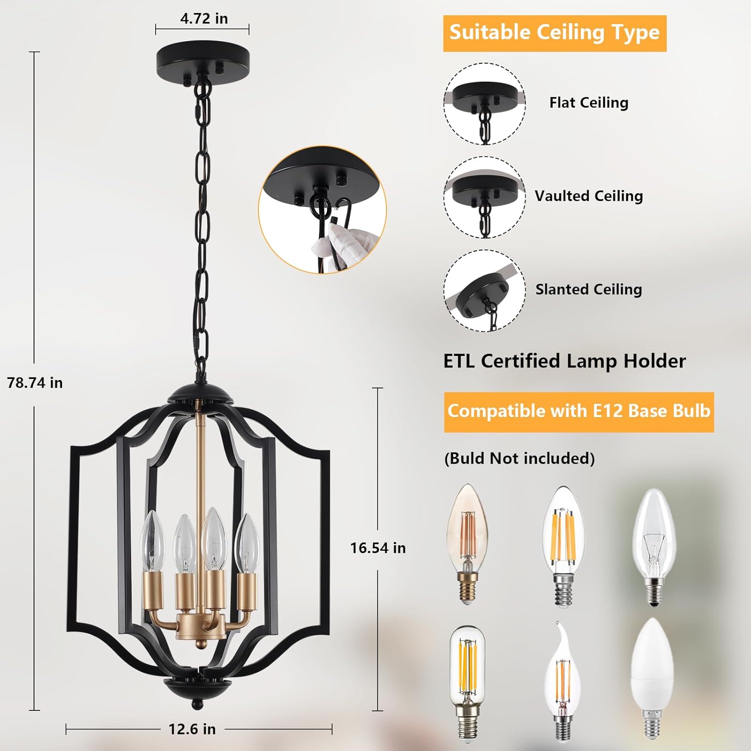 Black and Gold Chandelier Light Fixture, 4-Light Farmhouse Chandelier Dining Room Light Fixtures Rustic Hanging Small Entryway Pendant Light for Kitchen Island Foyer Living Room