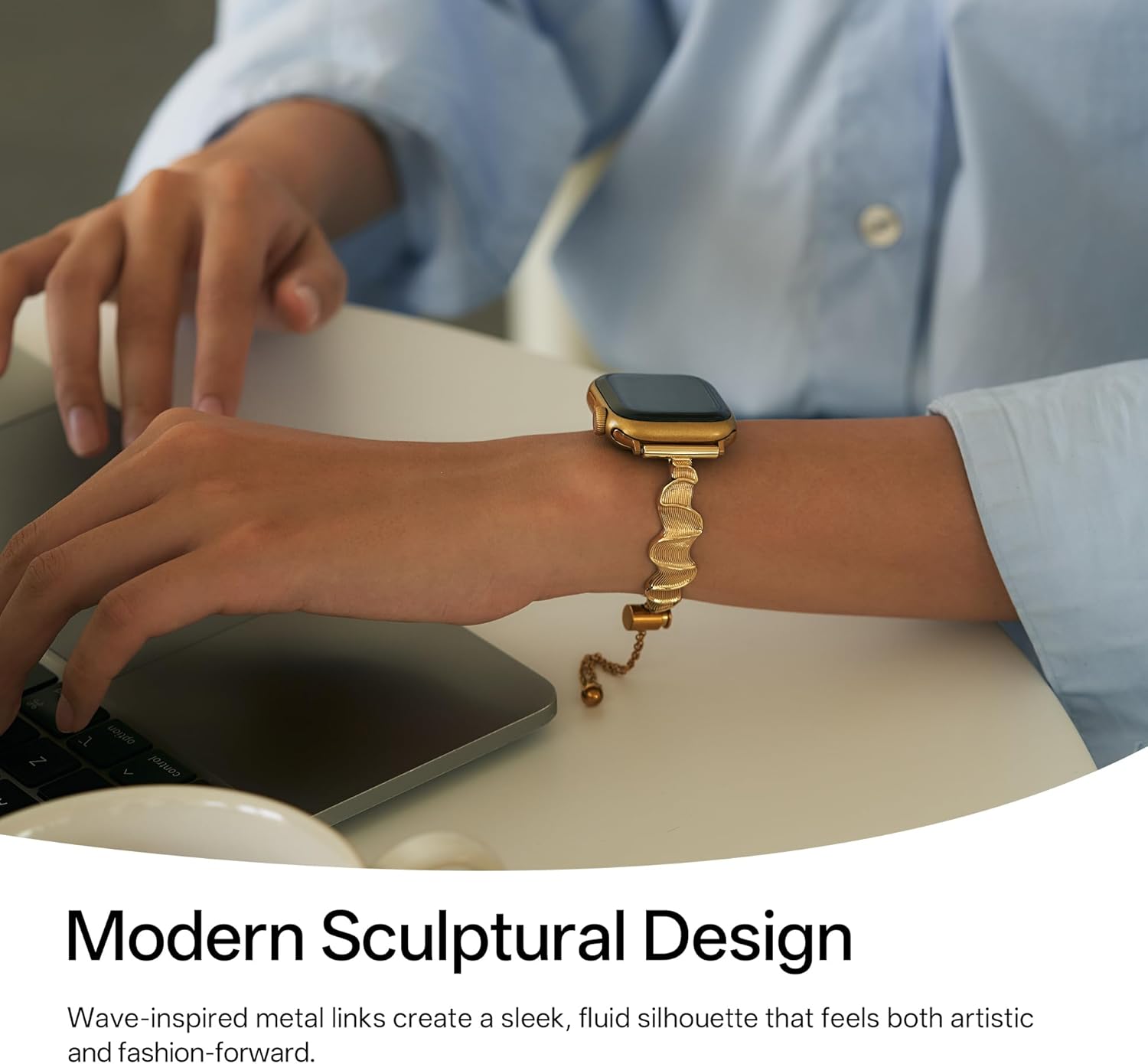 Sleek Wavy Metal Watch Band for Women Compatible with Apple Watch 38/40/42/44/41/45/49/46mm,for iWatch Series 11/10/9/8/7/6/5/4/3/2/1 Ultra3 SE, Aesthetic Bracelet Strap