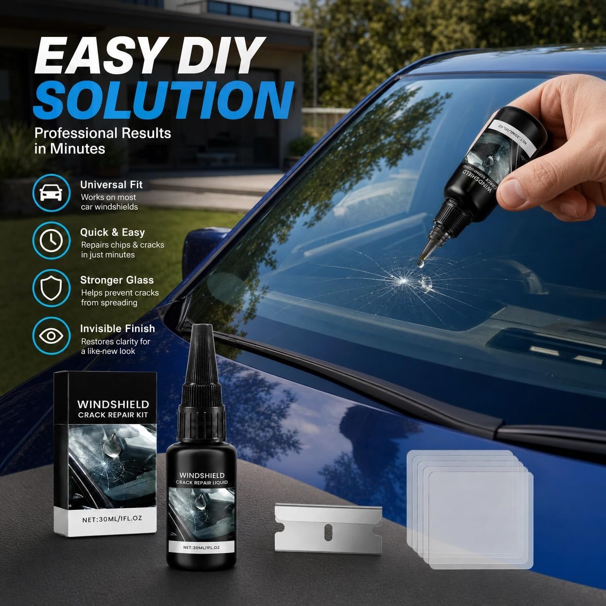 Windshield Crack Repair Kit with Advanced Resin Formula – Fast Cure DIY Automotive Glass Repair Solution for Chips and Cracks on Cars, Trucks and SUVs