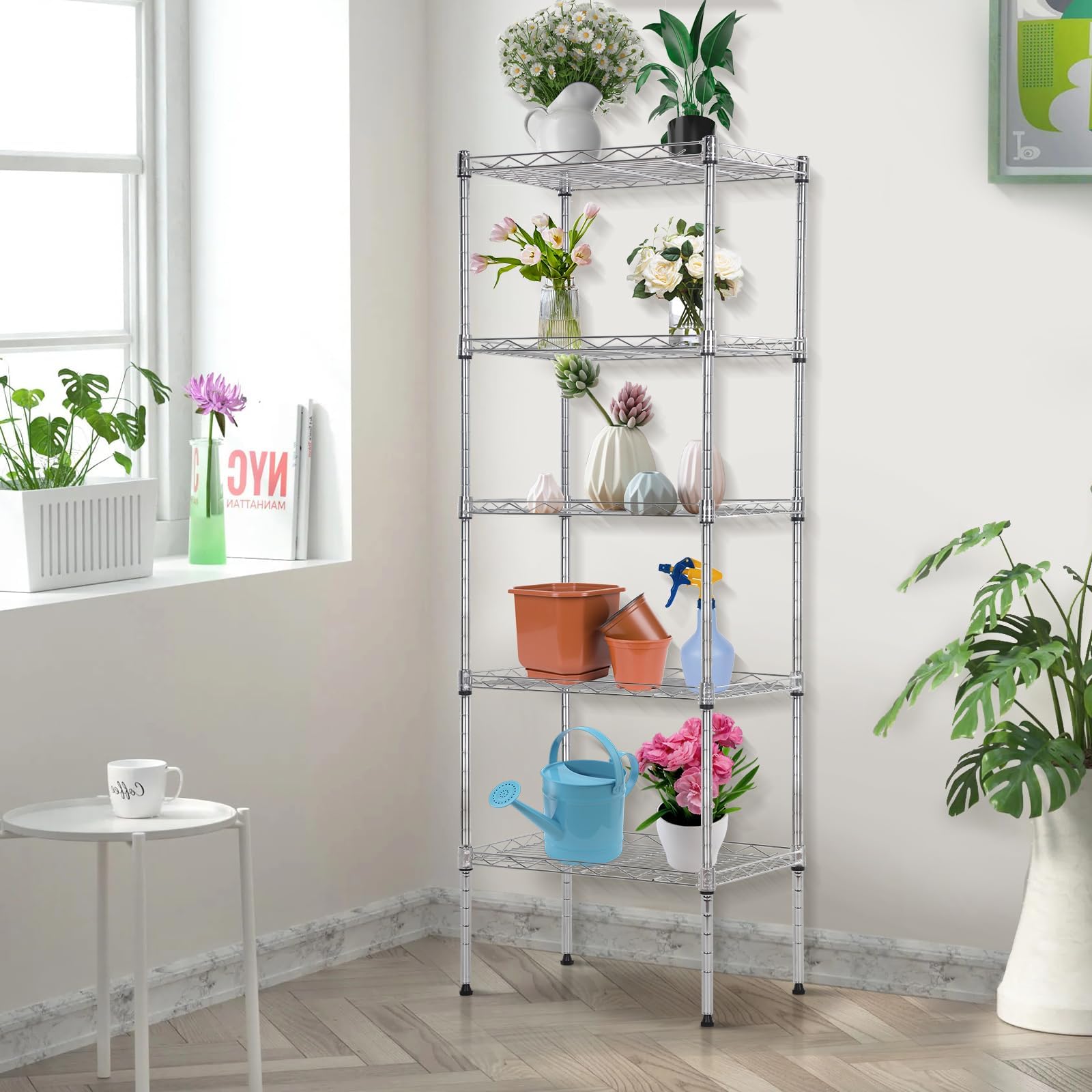5-Tier Wire Shelving Unit Adjustable Height 750lbs Capacity Metal Shelf, 16.7"x 11.8"x 47.6" Space-Saving Storage Rack for Restaurant Garage Pantry Kitchen, Easy Assembly, Chrome