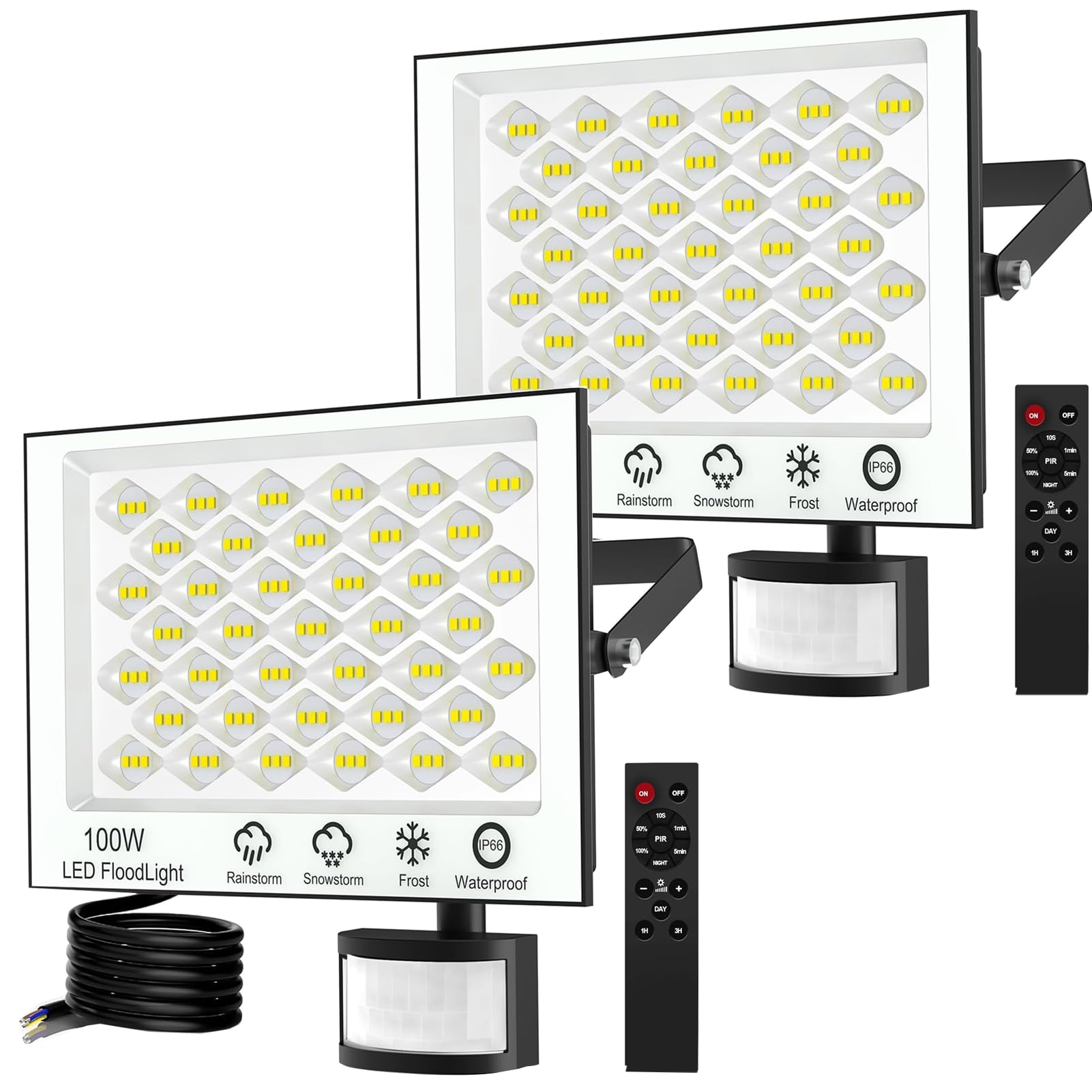 wowspeed 100W Security Lights Motion Sensor 2Pcs, Remote Control LED PIR Floodlight Outdoor, IP66 Waterproof PIR Sensor Spotlight with 75cm Cable, Cold White 6500K Outdoor Light for Garden, Garage