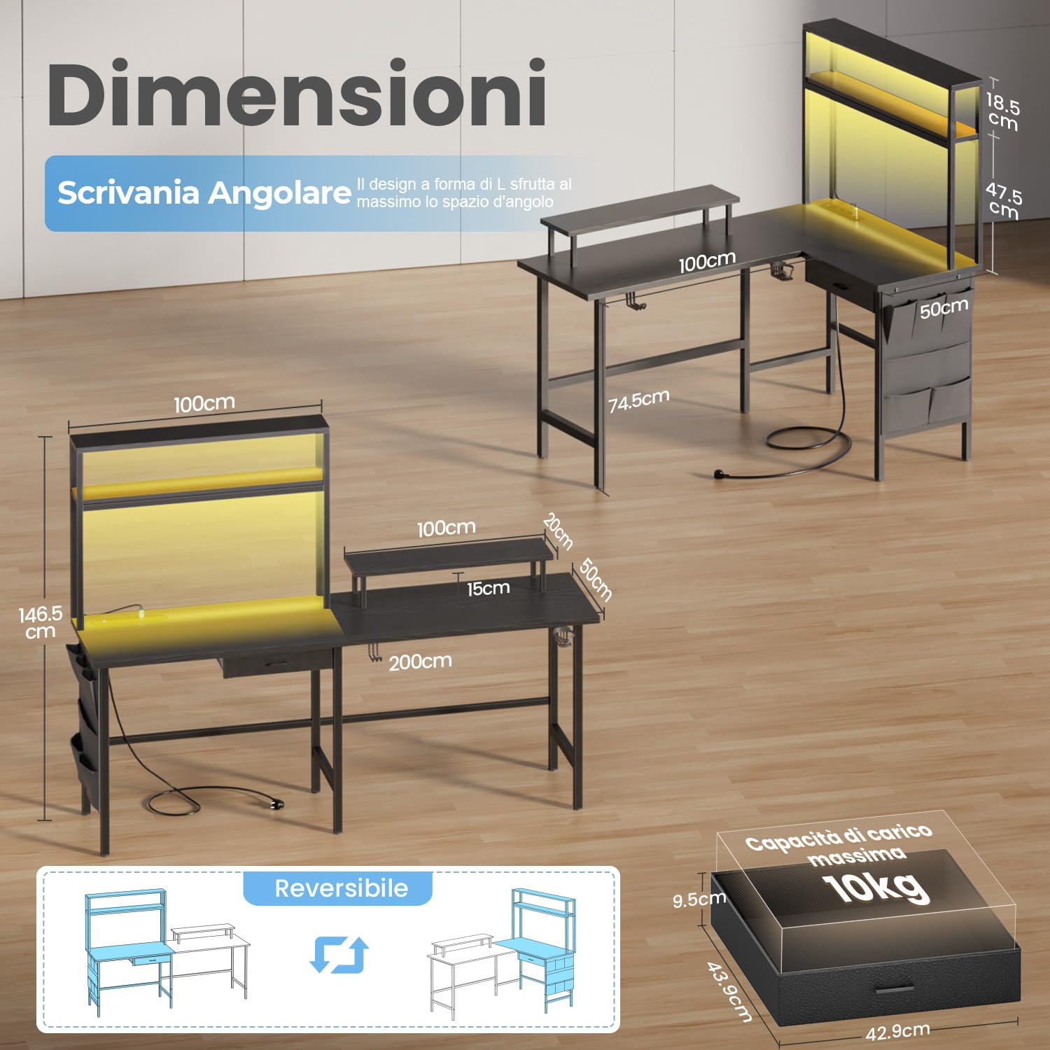 HLFURNIEU Scrivania Angolare con LED, 150 x 100 cm Scrivania Gaming a L con 3 Prese & 2 Porta USB, Tavolo Angolo Salvaspazio, con Libreria, Cassetti & Borsa Portaoggetti, Supporto per Monitor, Nero